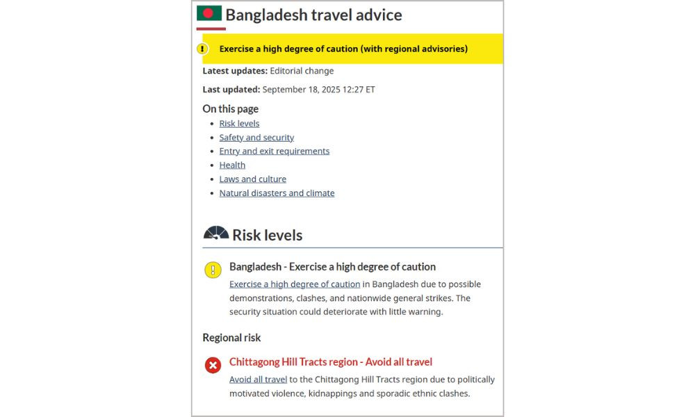 বাংলাদেশ ভ্রমণে সতর্কতা জারি কানাডার